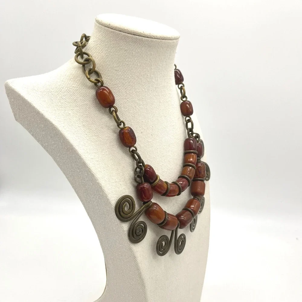 Vintage Phenolic Bakelite Brass Spiral Bib‎ Statement Necklace Tribal